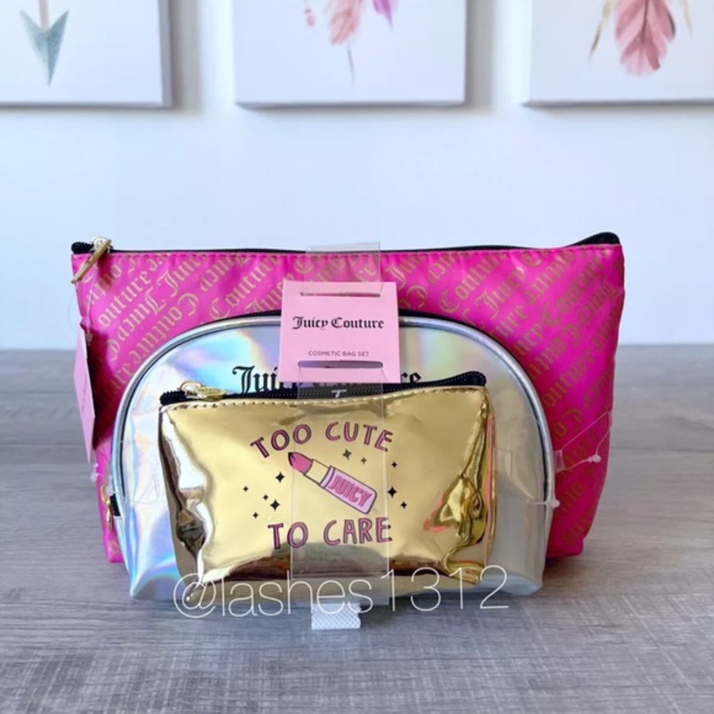 JUICY COUTURE Makeup Bag Set - 3 Piece - Pink and Gold